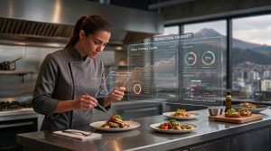Chef ejecutiva utilizando tecnología gourmet y visión artificial para optimizar el Food Cost en Expo Horeca Quito